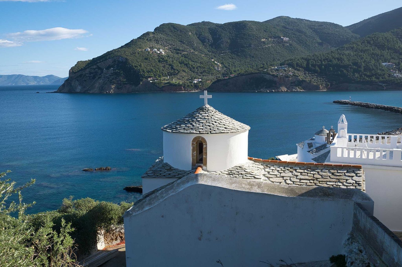 Whitewashed church overlooking the harbour